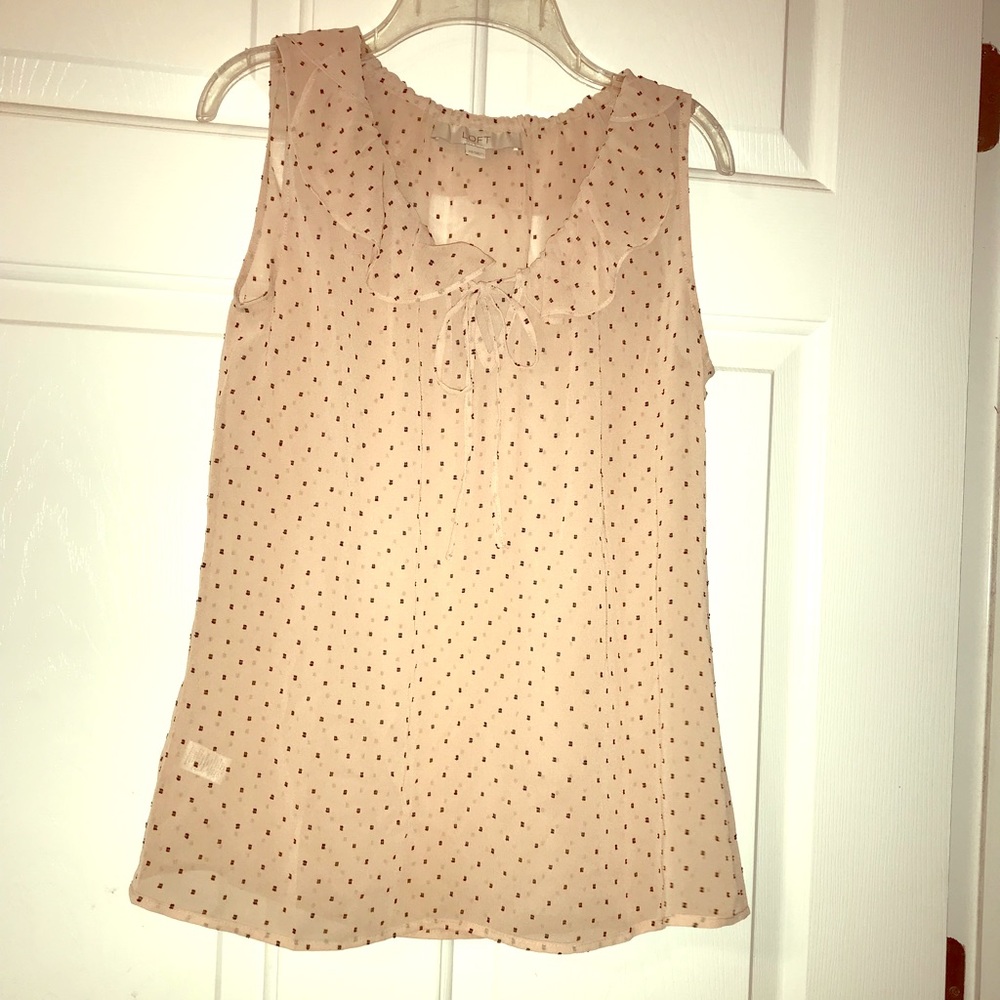 LOFT Sheer Nude Sleeveless Blouse w Blk Polkadots